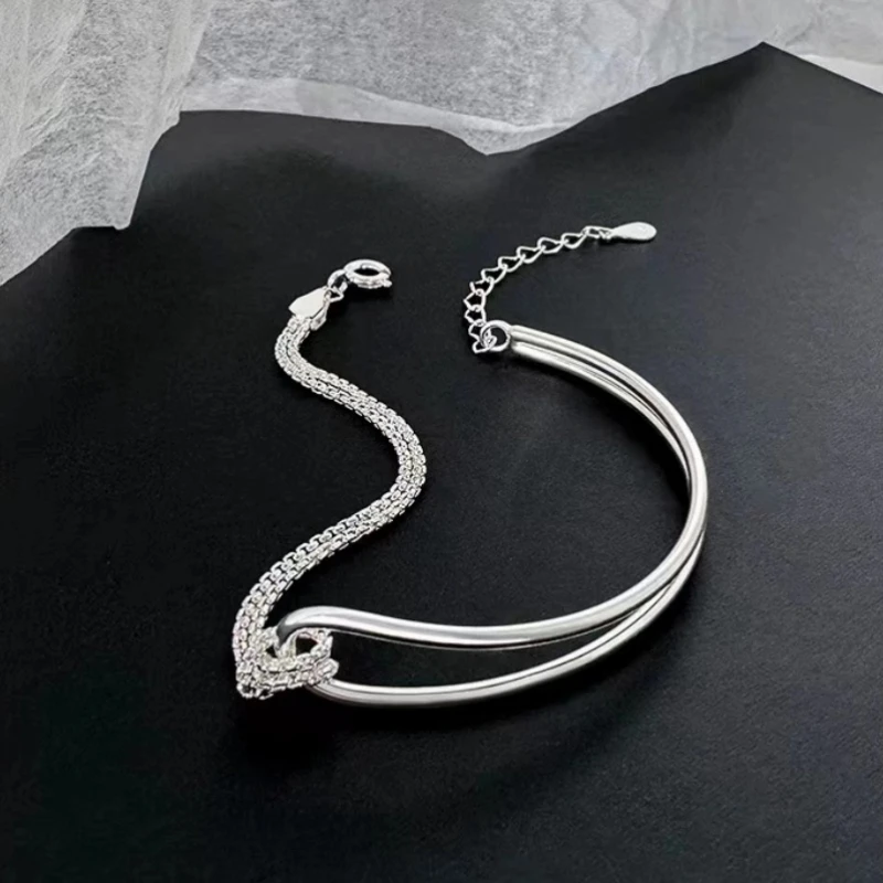 Hot Sale Fashionable New Style Geometric Knot Design Double Layer Silver Bracelet Exquisite Jewelry Gift for Women