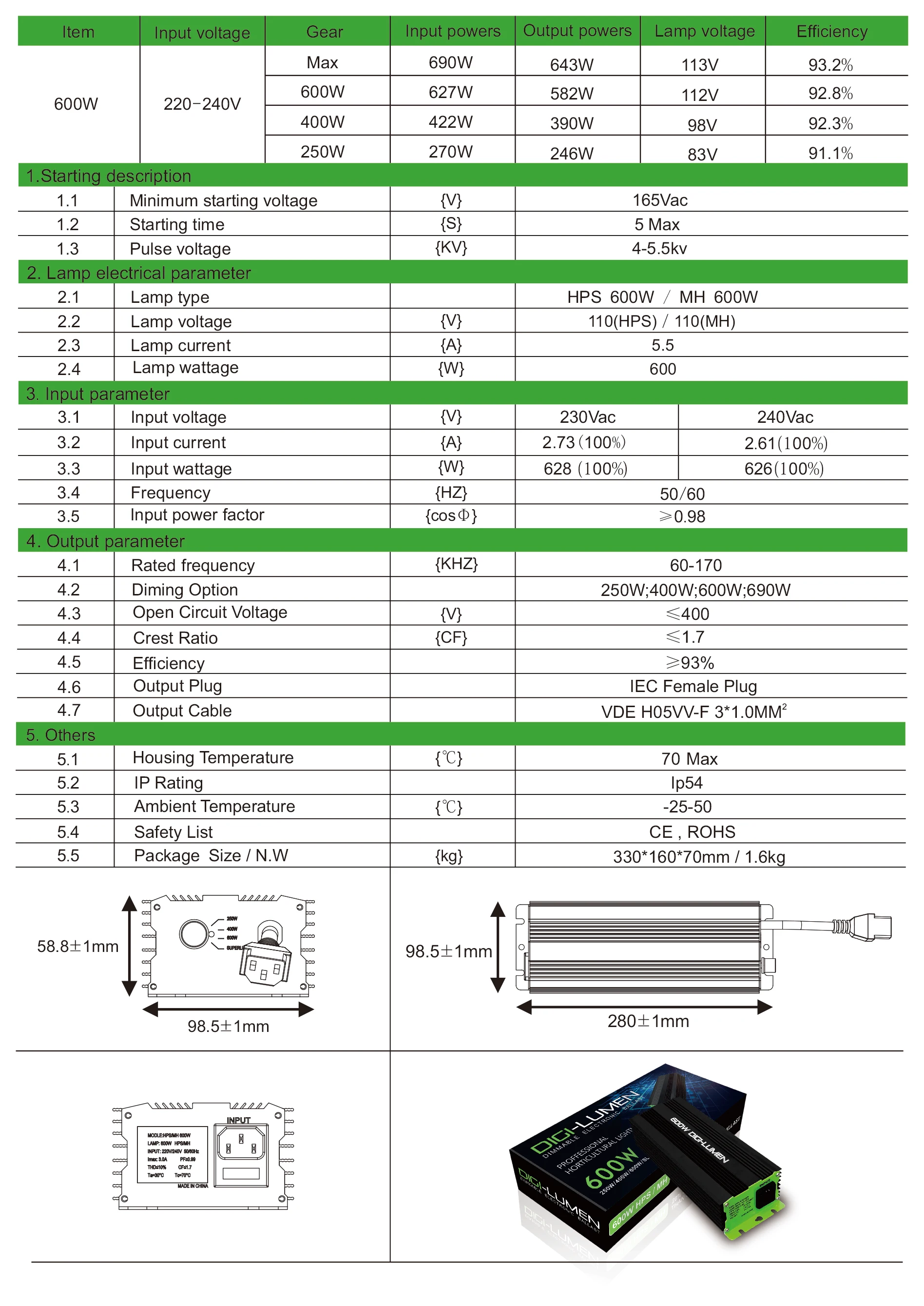 Imagem -03 - Reator Digital Regulável para Hps Grow Light Led Hidropônico 250w 400w 600w