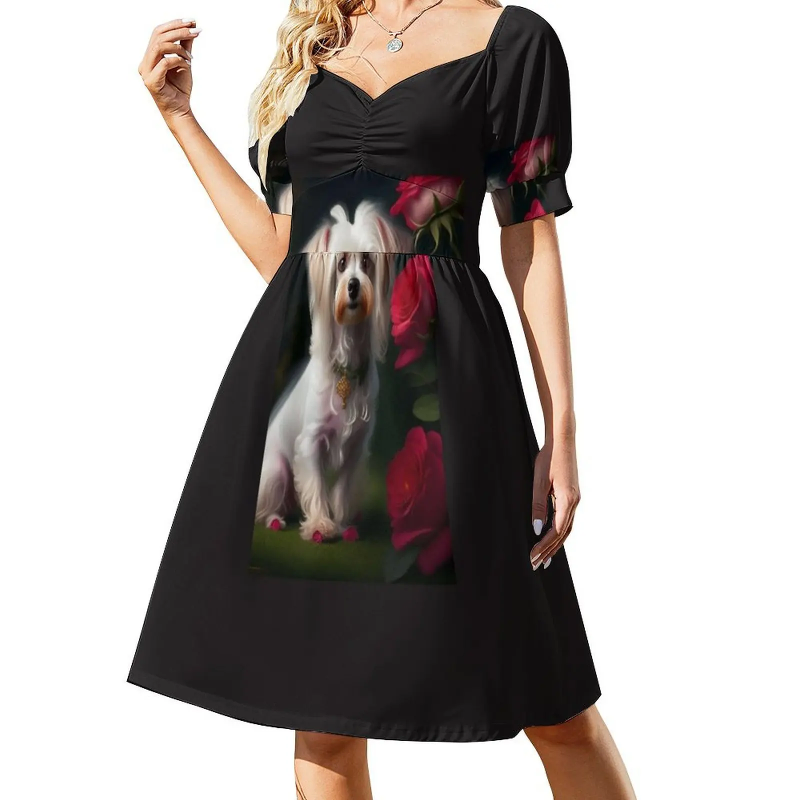 かわいい犬のヴィンテージボヘミアンドレス パフスリーブまたはノースリーブのオプション 女性用ドレス かわいい犬のママ用ドレス マム用バラの愛らしいドレス
