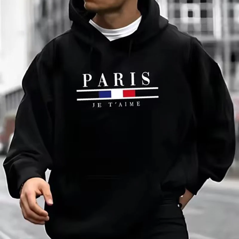 Men's Autumn Winter Long Sleeved Hooded Hoodie Paris Letter Logo Sweatshirt High Quality Hip Hop Loose Fashion Pullover Hoodie