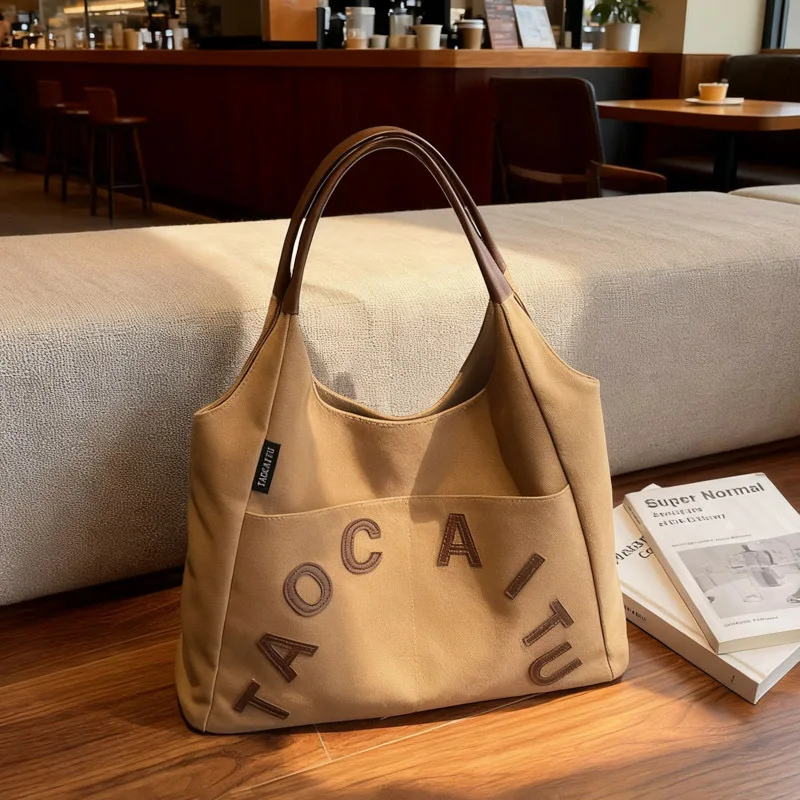 

Winter Vintage Shoulder Bag Women Korean Style Canvas Tote Handle Bag Multi Pocket Letter Print Texture Versatile Storage Bags