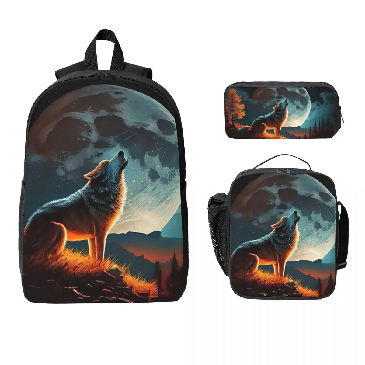 Howling Wolf Under The Moonlight Print Backpack BookBag School Bag Laptop Shoulder Bags 3ps Insulated Lunch Bag Pencil Case