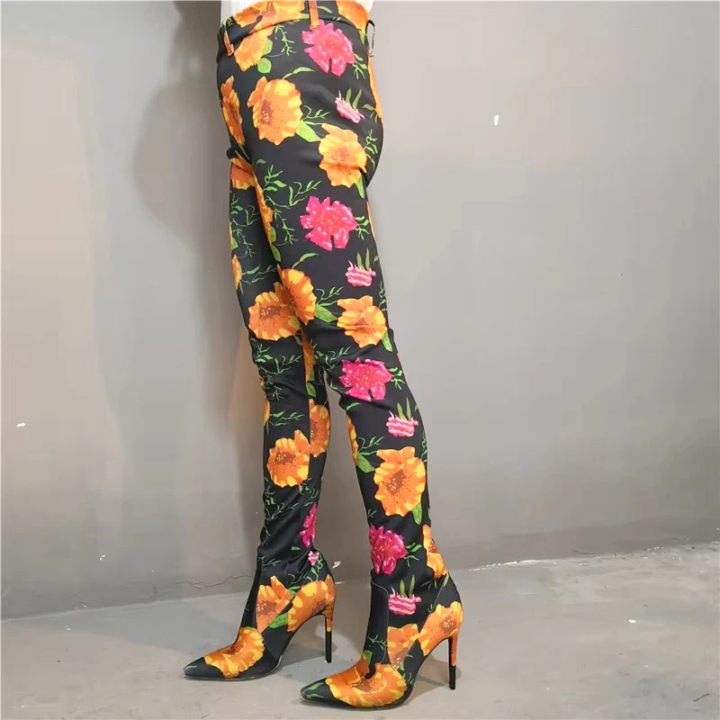 مثير المرأة الفلورسنت الأخضر الأزهار الساتان السراويل الطويلة أحذية الخريف خنجر عالية الكعب قطعة واحدة أشار تو فوق الركبة السراويل بوتاس