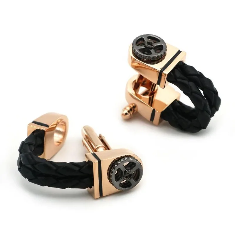 

High-end Luxury Men's Cufflinks with Rose Gold Plated Black Leather Chain Design Wedding Accessories Holiday Gifts for Men