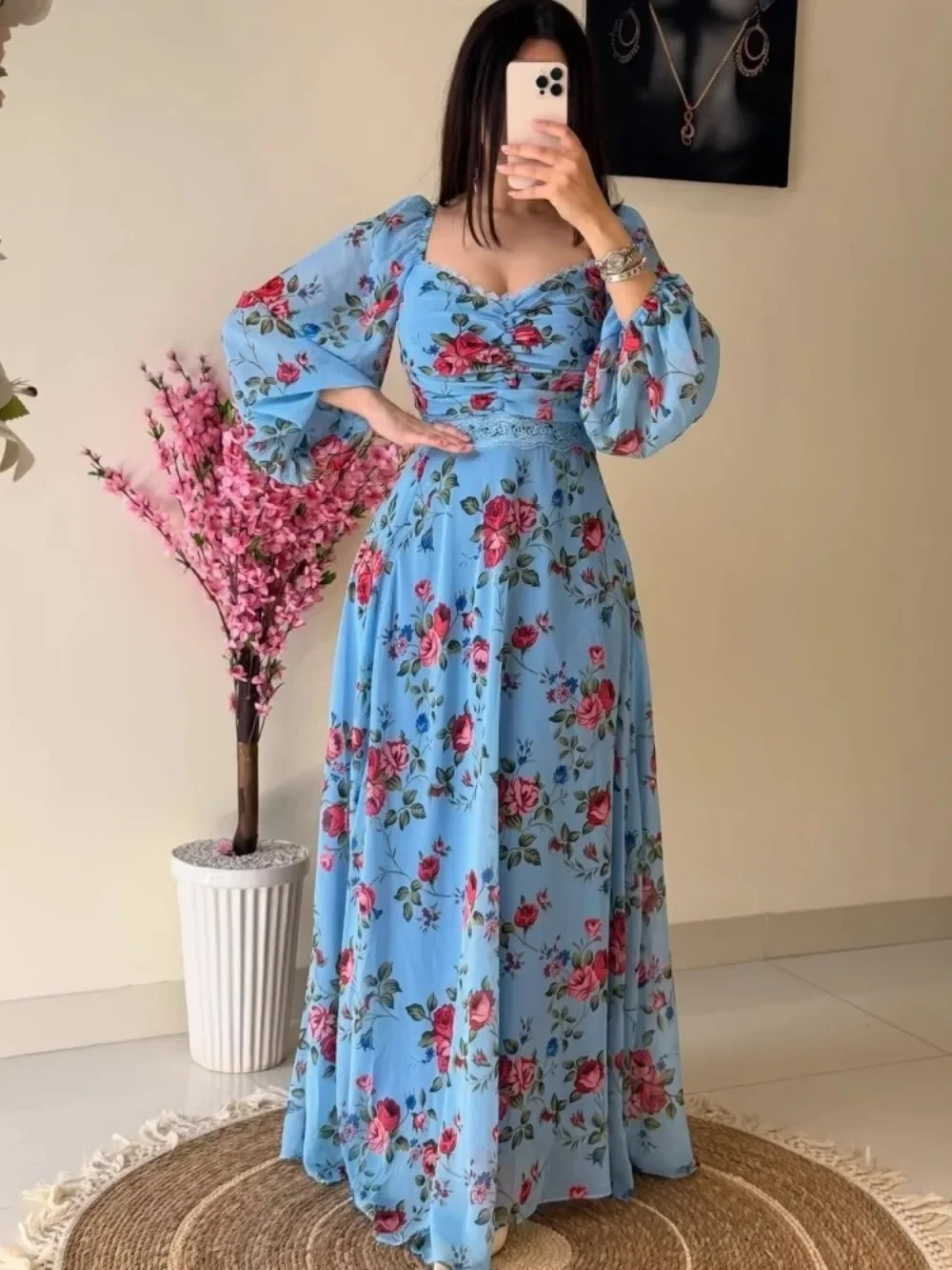 ชุดเดรสลายดอกไม้หวานๆ สำหรับผู้หญิง ชุดเดรสยาวแบบอาหรับ จาลาบียะห์ ชุดคลุมยาวสำหรับงานอีด รอมฎอน โมร็อกโก ชุดเดรสยาวสำหรับงานปาร์ตี้ ปี 2026 อาบายะห์ ดูไบ