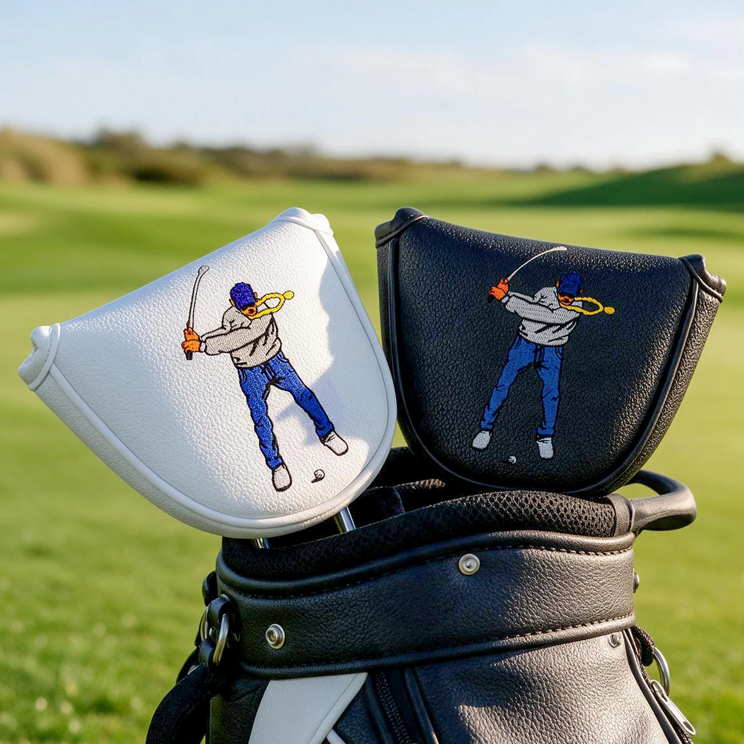 1PC Mallet Golf Putter Headcover,White / Black Golf Club Protector with Golfer Swing Pattern,Practical Golf Accessory,Great Gift