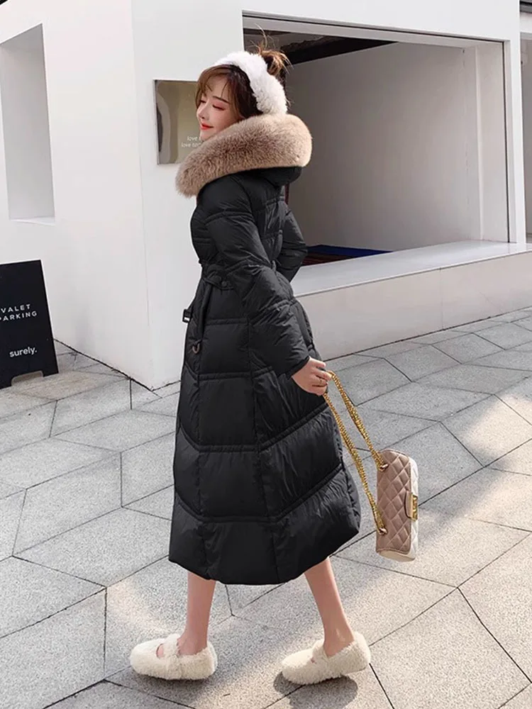 New High-Grade Women\'s Fox Fur Collar Down Jacket Winter Coat Cold 90% White Duck Down Outerwear Long Hooded Parker Overcoat