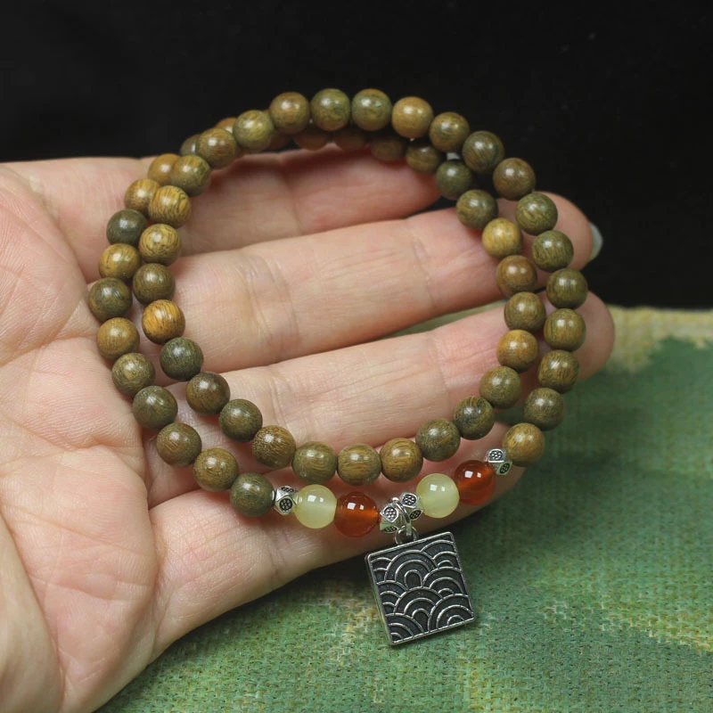 6mm Green Sandalwood Double-Loop Bracelet with Fragrant Sandalwood Beads, Unisex Elegant Buddhist Prayer Beads