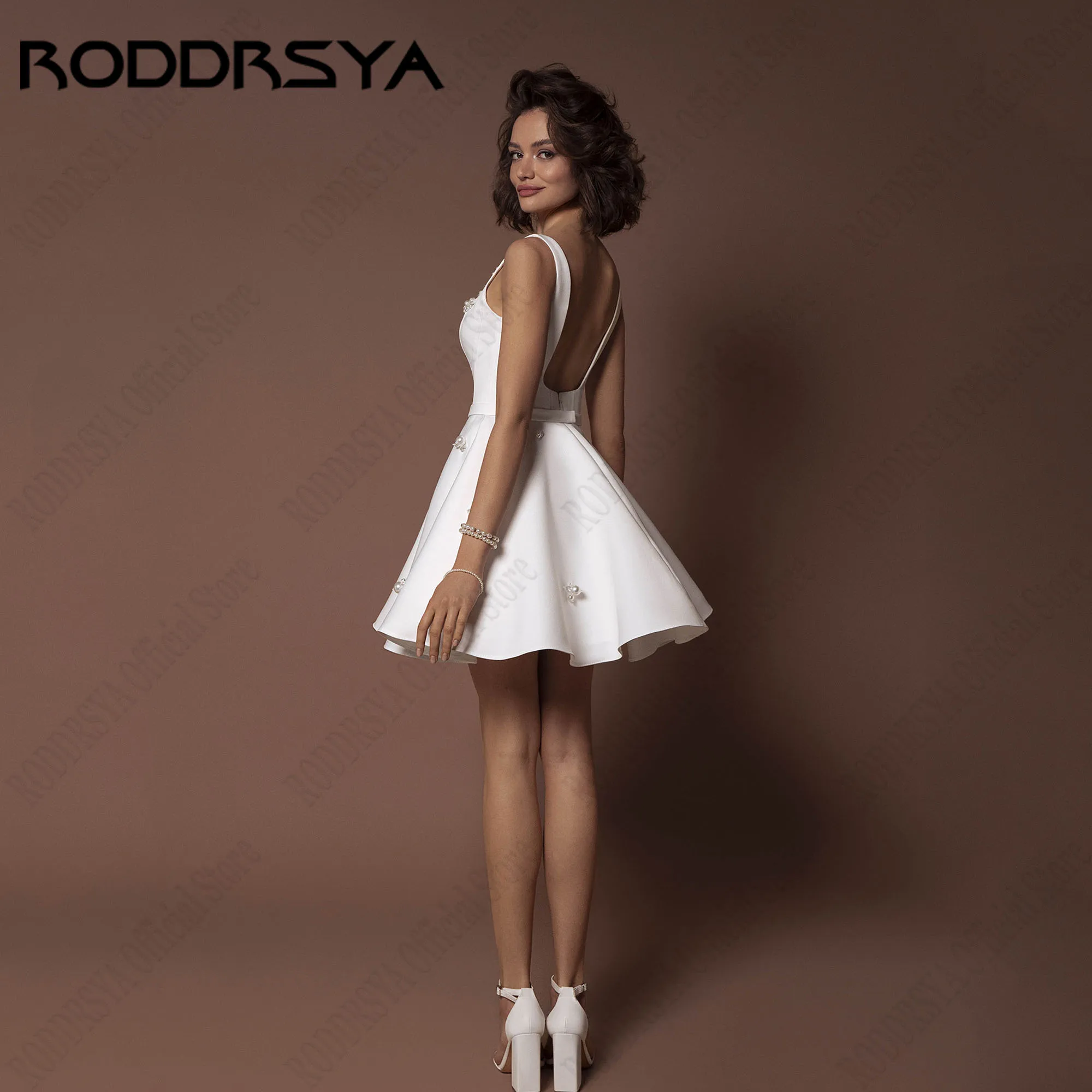 RODDRSYA Sqare Neck Mini Wedding Dresses Backless A-Line Pearls Elegant Party Gowns Sleeveless Satin свадебное платье Customized
