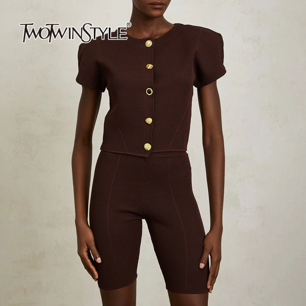 

TWOTWINSTYLE Slimming Knit Two Piece Sets for Women O Neck Short Sleeves Spliced Buttons Top High Waist Shorts Set Female New