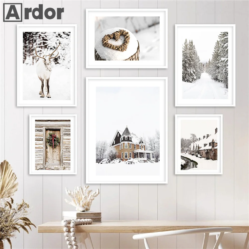 Winter Snow House Pine Tree Leaf Reindeer Poster Quotes Canvas Painting Nordic Wall Art Print Pictures Living Room Home Decor