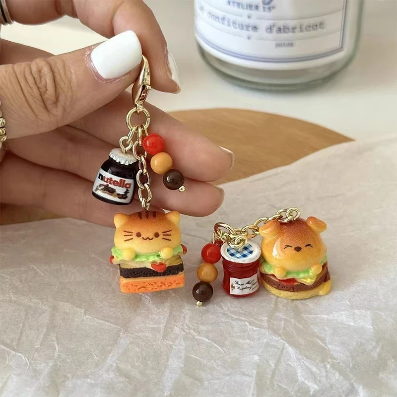 Kawaii Cartoon Hamburger Cats Dogs Keychain Pendant Cute Car Keyring Charms Backpack Decoration Accessories Birthday Gifts