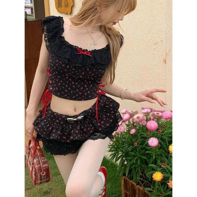 Sweet Sexy Off Shoulder Mesh Rose Print Tops Women+ Y2k E-Girl High Waist Ruched Bow Skirts 2024 Summer Enw Two Piece Sets