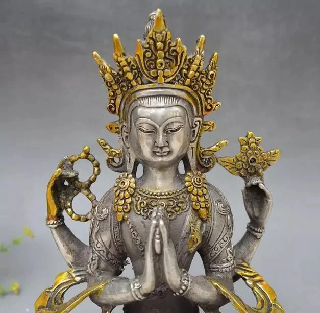 8inch Tibet Buddhism Silver Gilt 4 arms Chenrezig Buddha Avalokiteshvara Statue R0710