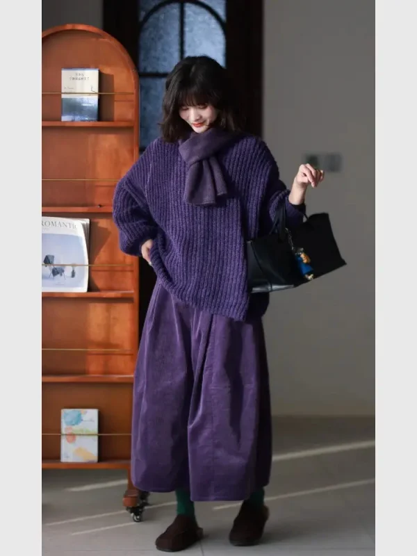 

Korean Sle Winter Outfit Women's Purple Sweater And Corduroy Wide Leg Pants Set Comfortable Chic Lazy Faion Ensemble