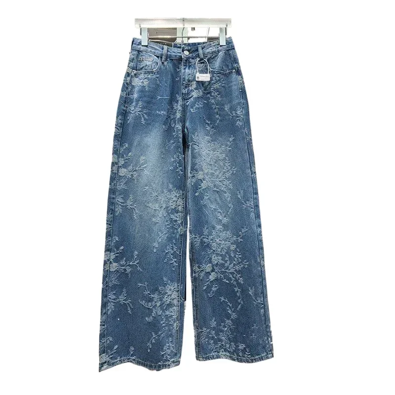 Women Summer Trousers New Design Sense High-waist Casual Straight-leg Floor-length Pants Korean Niche Jacquard Wide-leg Jeans