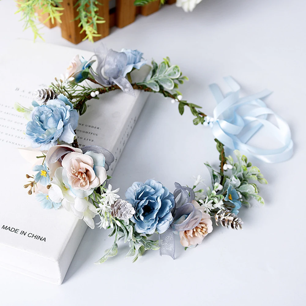 Corona de flores para novia, con cinta guirnalda, corona de comunión, diadema hecha a mano, Tiaras de hadas, accesorios para el cabello de boda