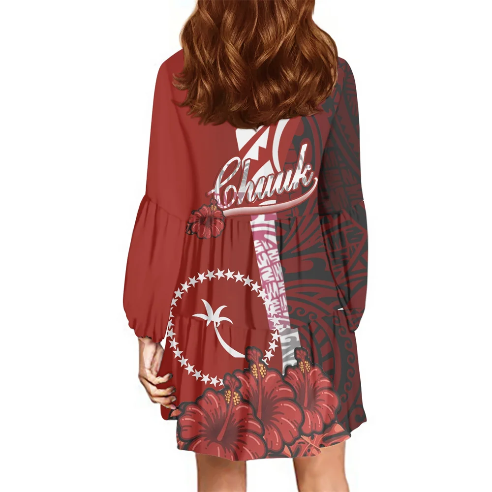 Autumn Casual Red Dress Ladies Lantern Sleeve Custom Loose Dresses Polynesian Tribal Clothing Chuuk Islands Samoa Print V-neck