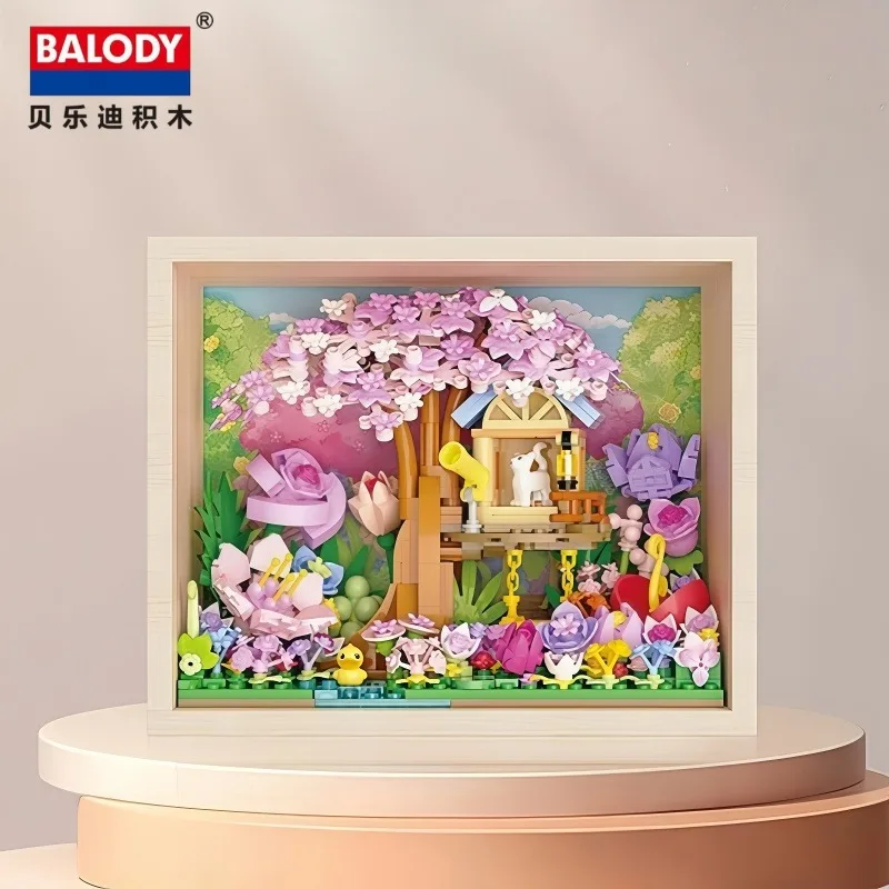 BALODY Cherry Blossom Garden Assembling Building Rose Bouquet Picture Frame Kawaii Desktop Toys Ornaments Children Holiday Gifts