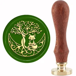 1Set Fox Wax Seal Stamp Tree of Life Sealing Wax Stamps Moon 30mm Retro Vintage Removable Brass Stamp Head with Wood Handle