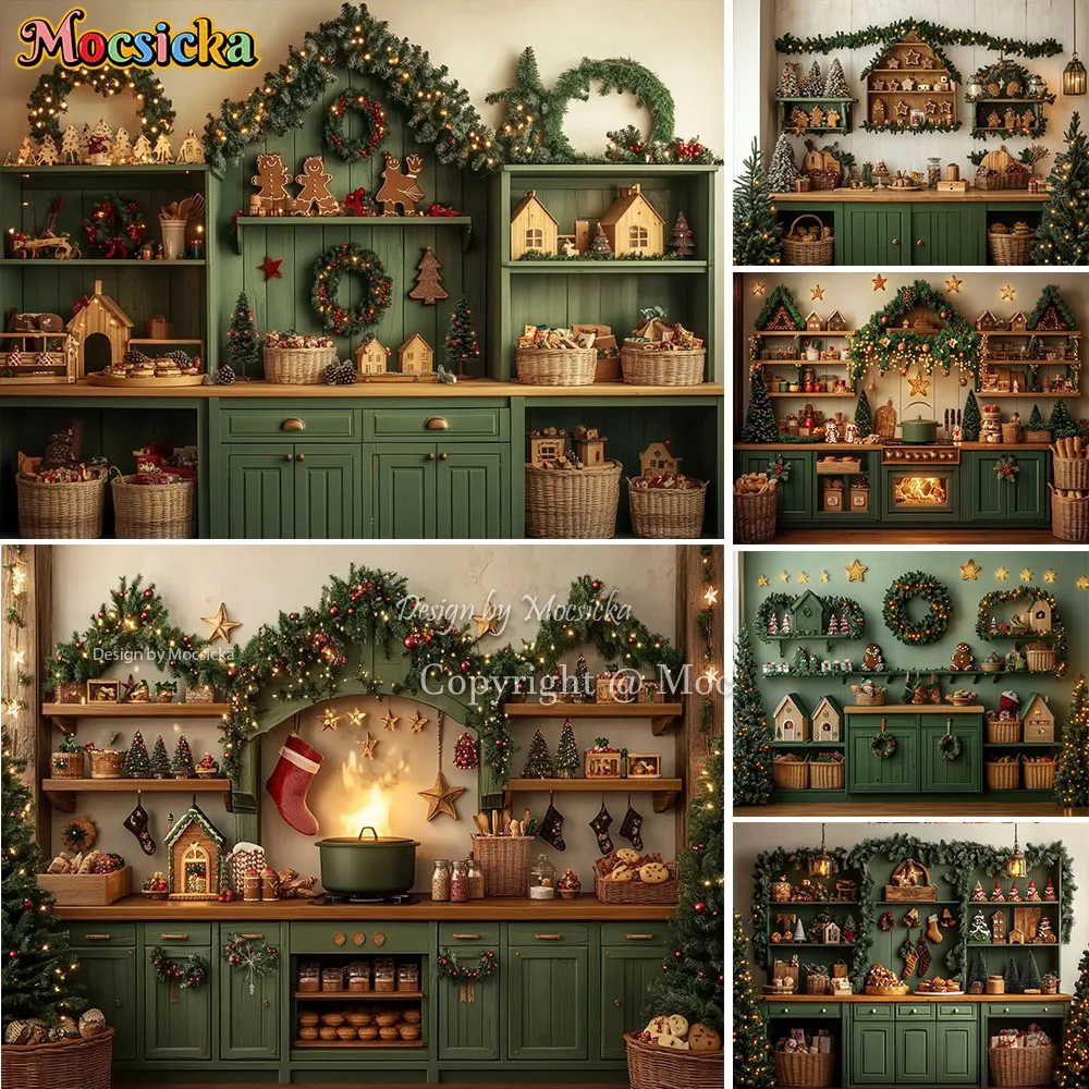 Mocsicka Grüner Weihnachtsküchen-Hintergrund für Fotografie, Lebkuchenhaus, Schrank, Kranz, Hintergrund, Winter, Kind, Familie, Fotostudio