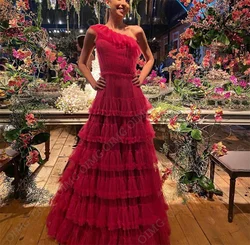 OIMG Fuschia A Line Formal Evening Dresses One Shoulder Tiered Ruched Graduation Party Gowns A Line Prom Gown Dress 2024