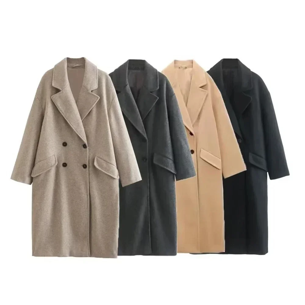 2024 Women\'s New Double-Breasted Warm Trench Coat Fall And Winter Fashion V-Neck Long-Sleeved Pocket Tweed Coat Women Long Coat