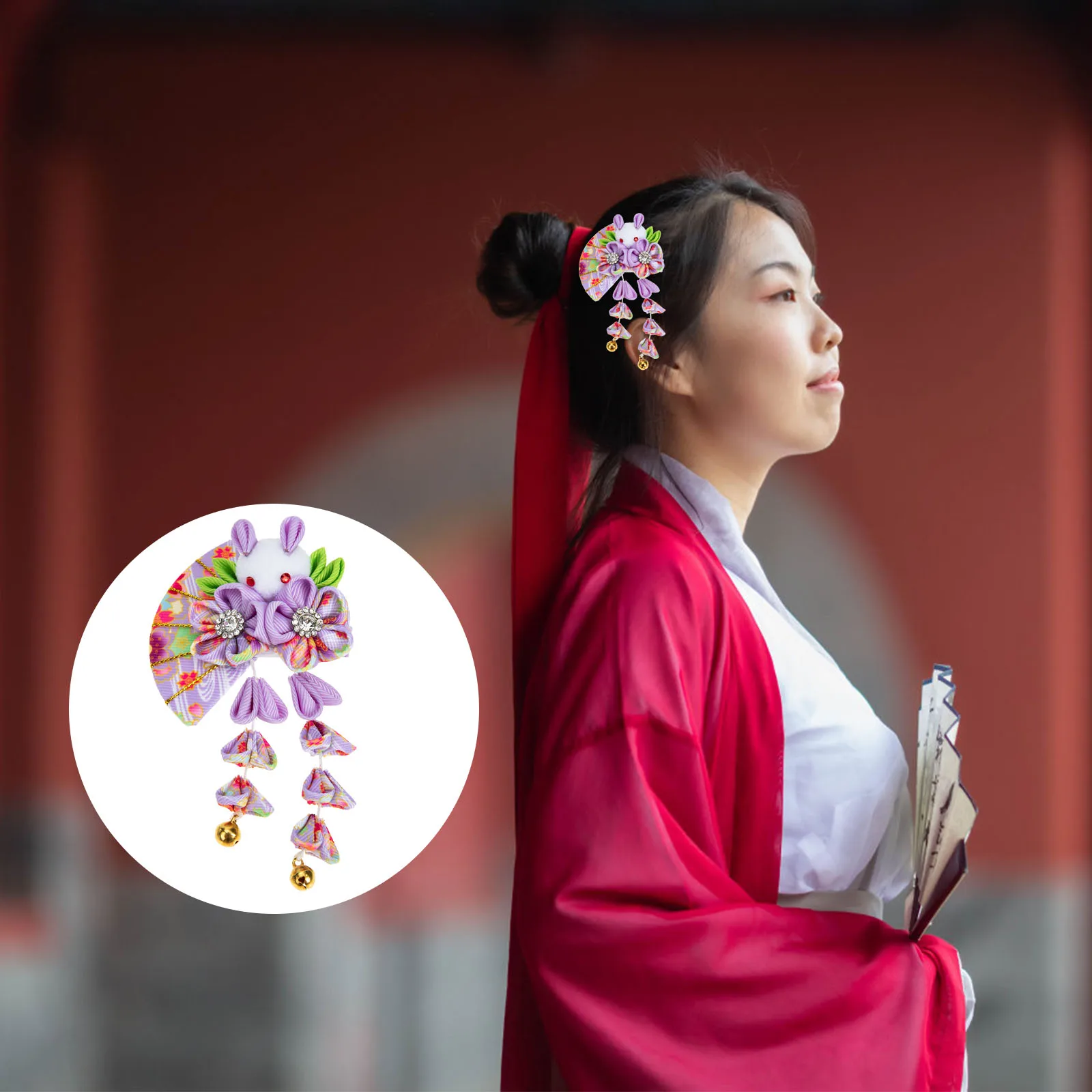 

Lovely Rabbit Tassel Hair Clip Exquisite Cloth Flower Design For Women Japanese Style Retro Hairpin Wedding Hanfu