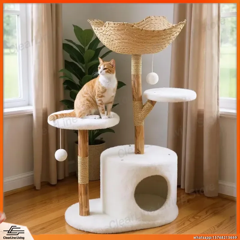 Multi-Level Cat Tree Tower with Cozy Bed Wicker Basket Condo Wooden Scratching Post Climbing Activity Center for Cats Indoor view 2