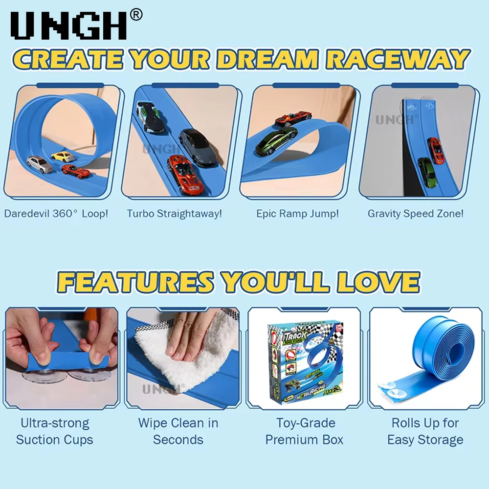 Flexible Race Track Toy DIY Double-track Racing Car Track 4 Shock-Resistant Toy Cars Roll Up Race Track for Kids Game Gift