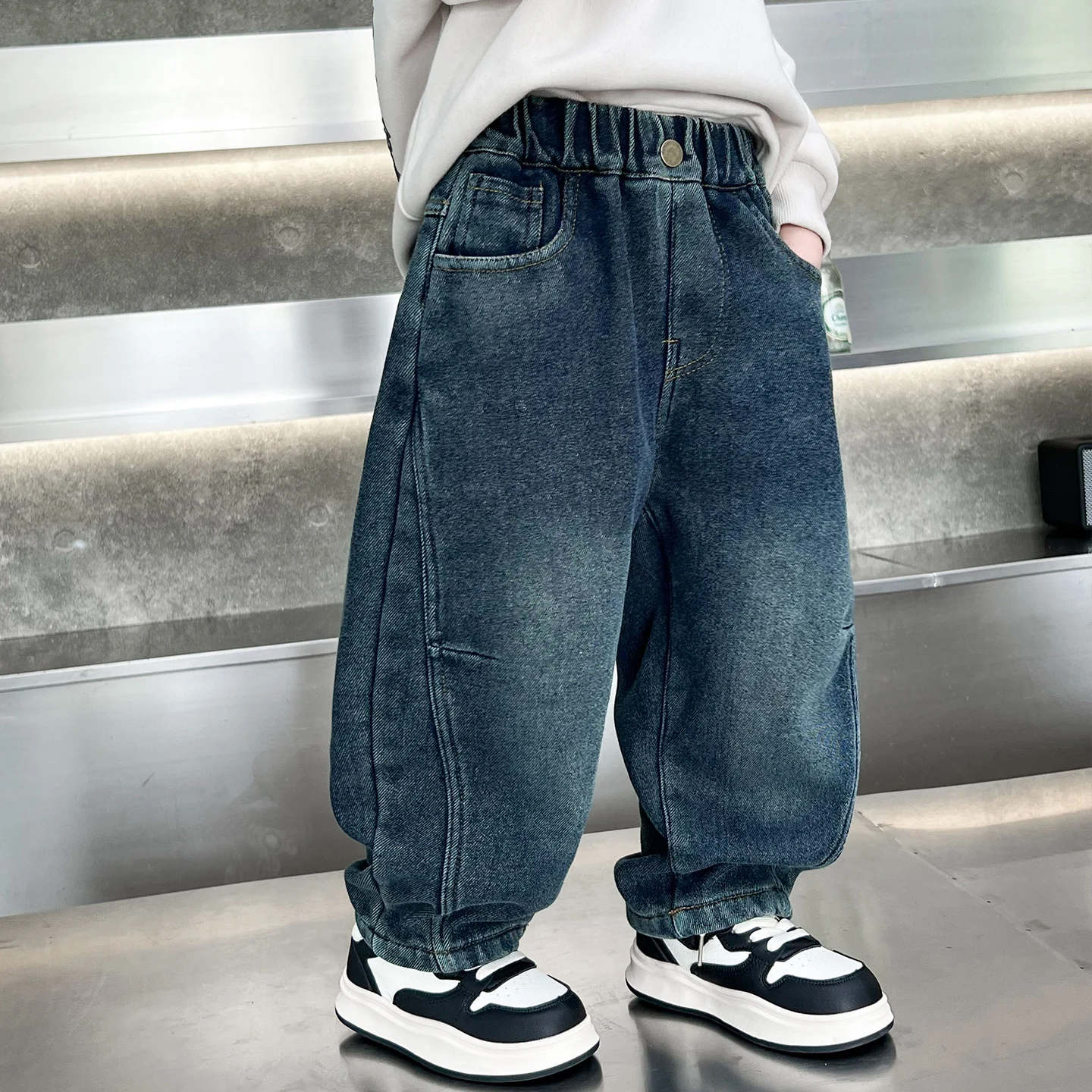 

Детские зимние джинсы для мальчиков с флисовой подкладкой, прямые, с высокой талией, в корейском стиле, утепленные брюки для малышей