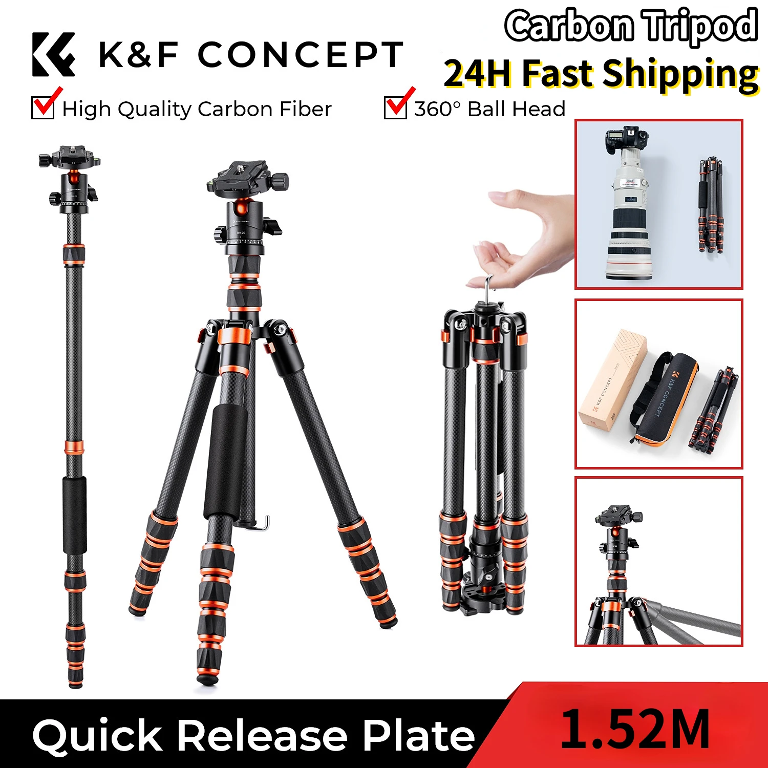 

K&F Concept Lightweight Travel Tripod Carbon Fiber Tripod 8kg/17.6lbs Load Capacity 60"/152cm with 360° Ball Head for Canon Sony