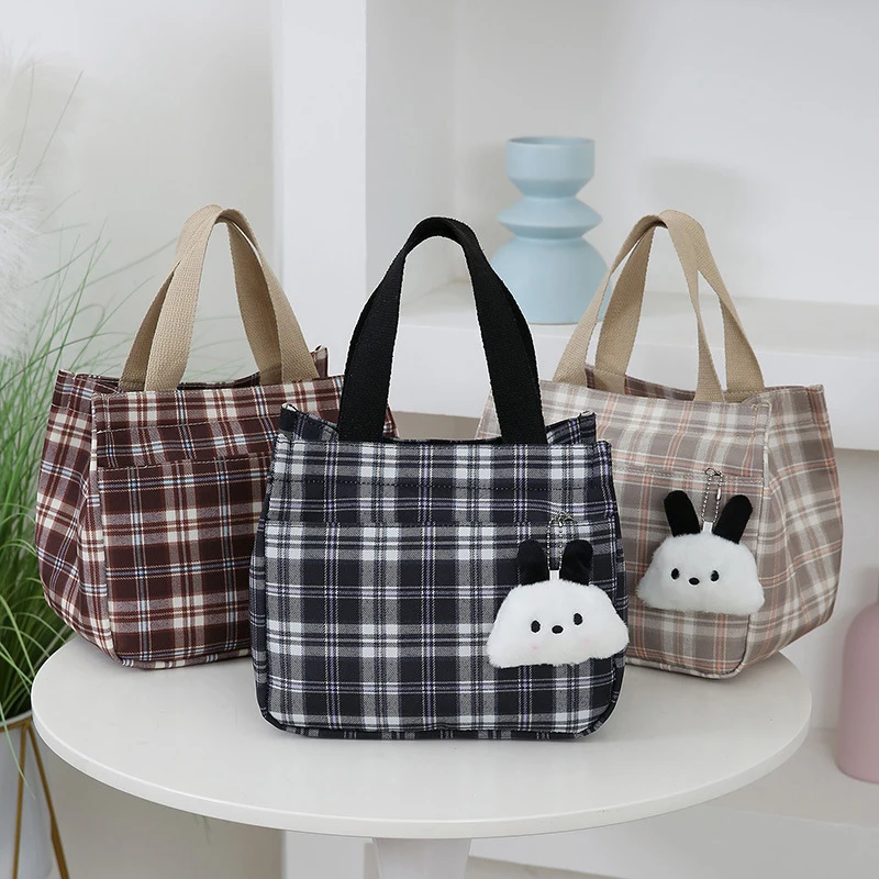 Cartoon Casual Plaid Pattern Canvas Versatile Handbag With Plush Pendant Office Worker Lunch Bag Tote Bag