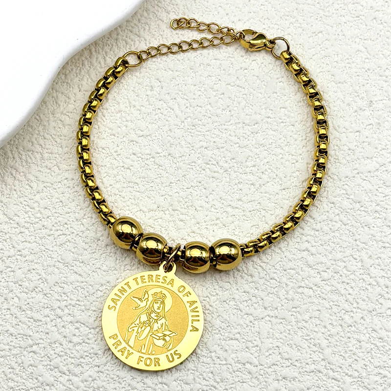 

SAINT TERESA OF ÁVILA Pray For Us Bracelet For Women Men Stainless Steel Gold Color Catholic Faith Hand Chain Jewelry Gifts