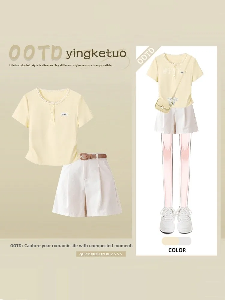 Summer Commute Casual Style Women's Fashion Set round Neck Short Sleeve T-Shirt And A-Line Shorts Slimming Effect for Work