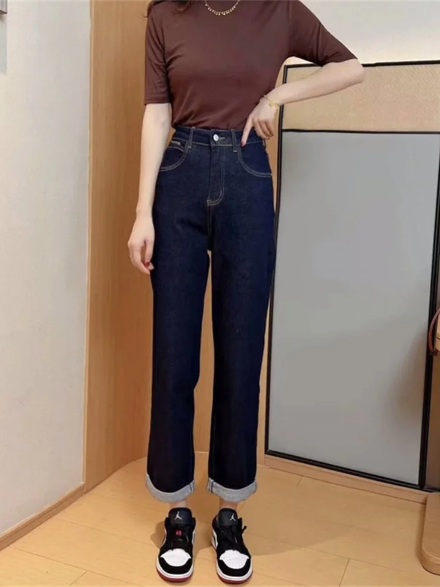 

Deep Blue High Waist Skinny Casual Jeans Women's Nine Points Straight Leg Pants Spring Autumn New Style High Waist Slimming