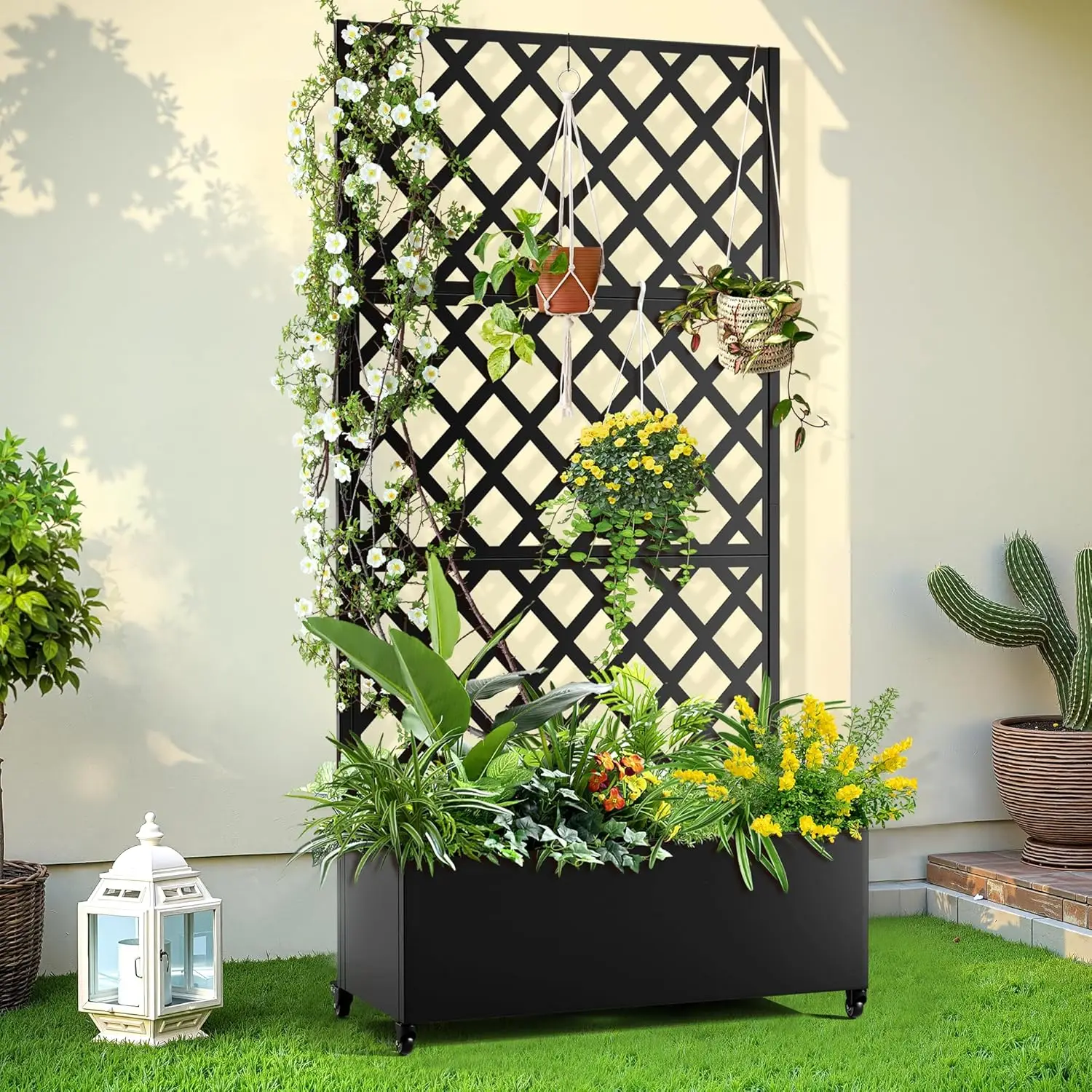 

Metal Planter Trellis Box with Wheels & Drain Plug Outdoor Raised Garden Bed Patio Privacy Screen with Planter for Climbing Plan