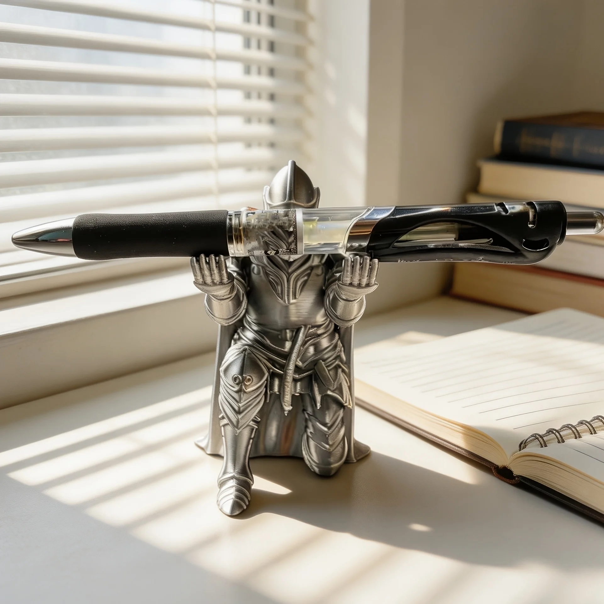 1-Piece Silver and Black Knight-Shaped Pen Holder, Silver Ancient Knight Pen Stand Ornament, 3D Kneeling Armor Desktop Decoration, Creative and Novel Stationery Collectible, Suitable for Ballpoint Pens, Pencils, and Other Stationery Items