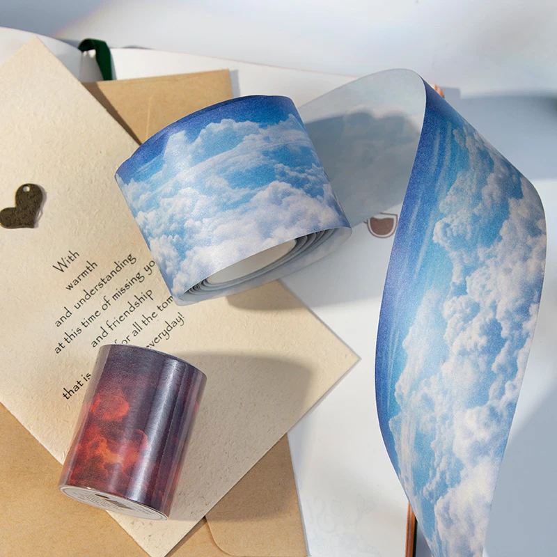 1roll/5x200cm Sky Cloud Theme Tape Stickers, Dreamy Cloud Blue Sky Designs Soft Color Tones Self-Adhesive Ideal for Journal