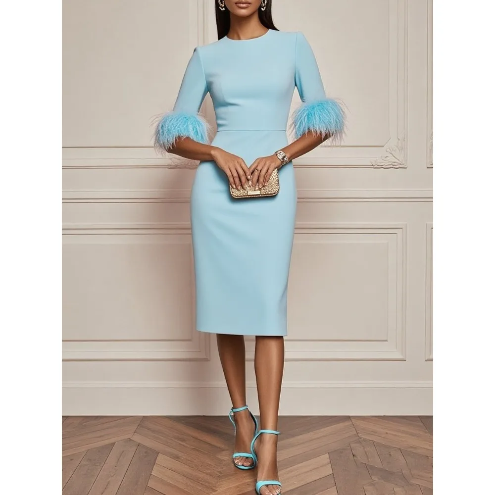 Customized Feathers Mother of Birde Dresses 2026 for Women Wedding Sheath Sky Blue Elegant Evening Dress Crew Neck Prom Gowns
