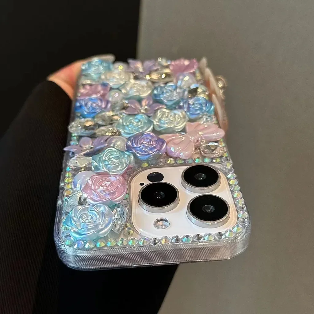 แฟชั่น Handmade Bling เพิร์ลเพชรโบว์ Camellia ดอกไม้สําหรับ iPhone 16 15 14 13 12 Mini 11 Pro Max Plus
