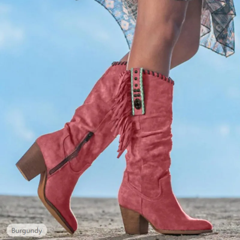 

Pink Suede Tassels Cowboy Boots For Women Chunky Heels Ridding Boots With Side Zip Cowgirl Boots Shoes Trend 2025