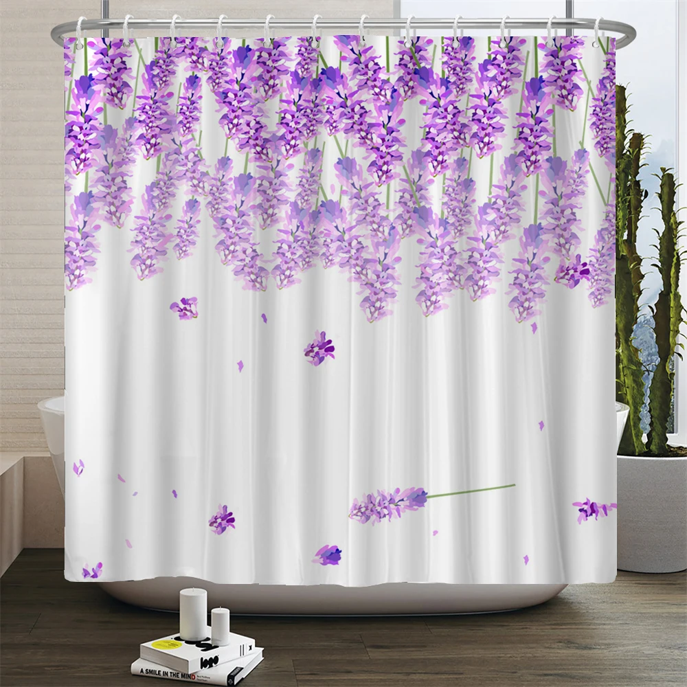 Purple Lavender Floral Shower Curtain Waterproof Shower Curtains Polyester Boho Bath Curtain Bathroom Textured Machine Washable