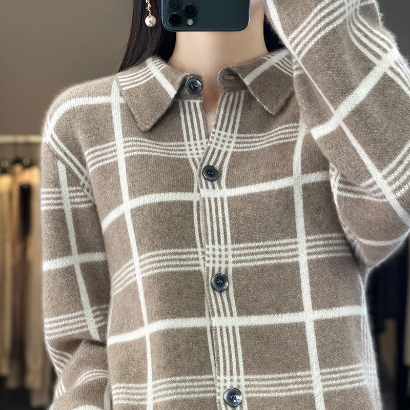 2023 autumn and winter new 100% pure wool checkered cardigan women lapel loose matching color sweater sweater coat