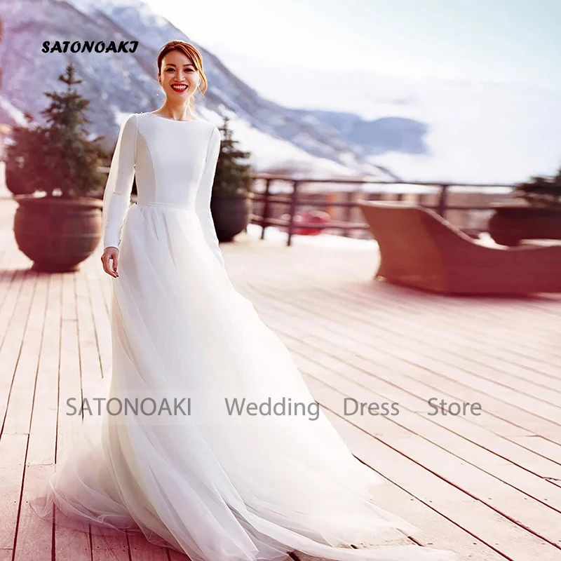 

Customized Simple Princess Wedding Dress for Bride A-Line Long Sleeves Sweep Train Bridal Gowns Robe Mariée Vestidos De Novia