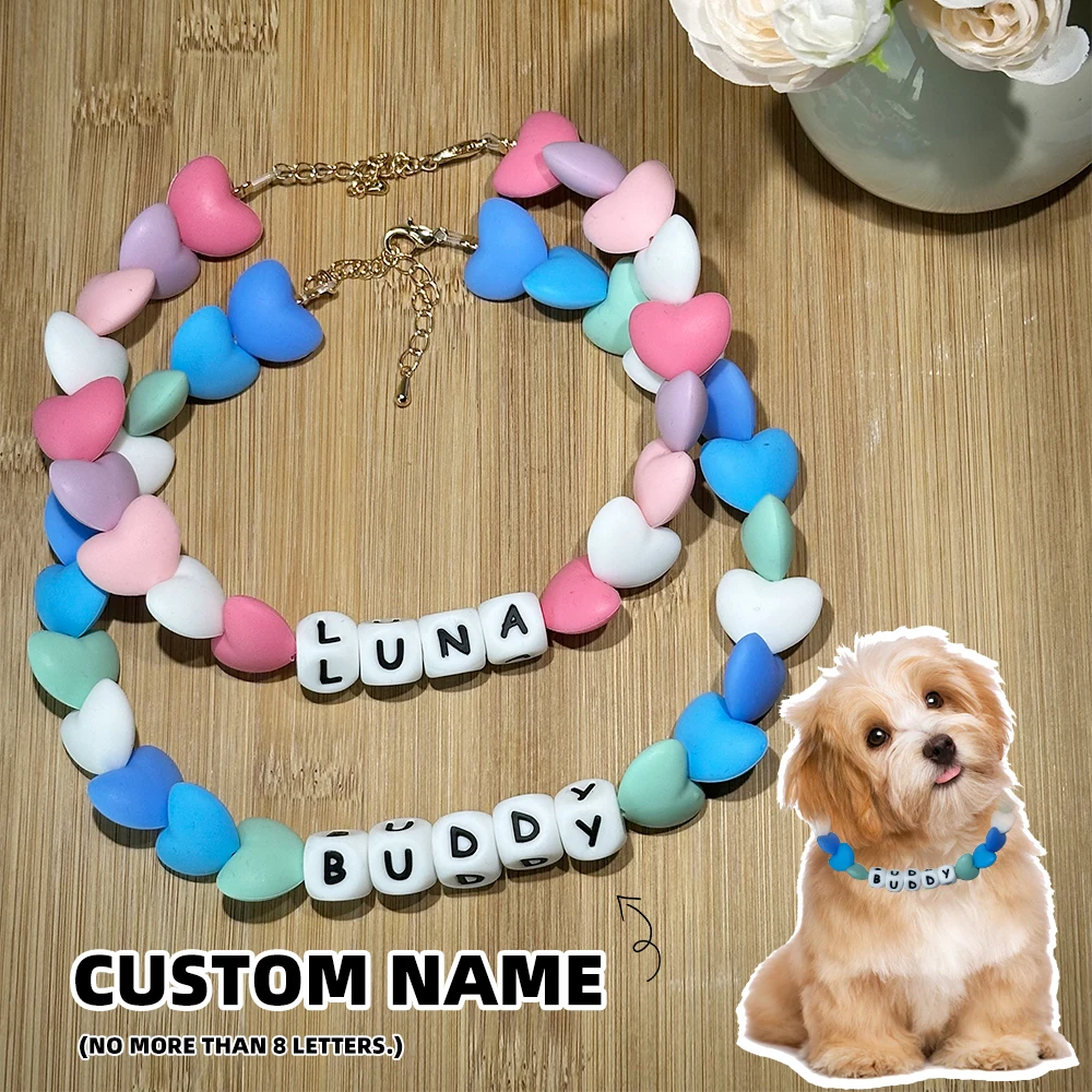 

Personalized Silicone Heart Dogs & Cats Collar - Customizable with Your Pet's Name, Colorful Beaded Necklace for Boys & Girls