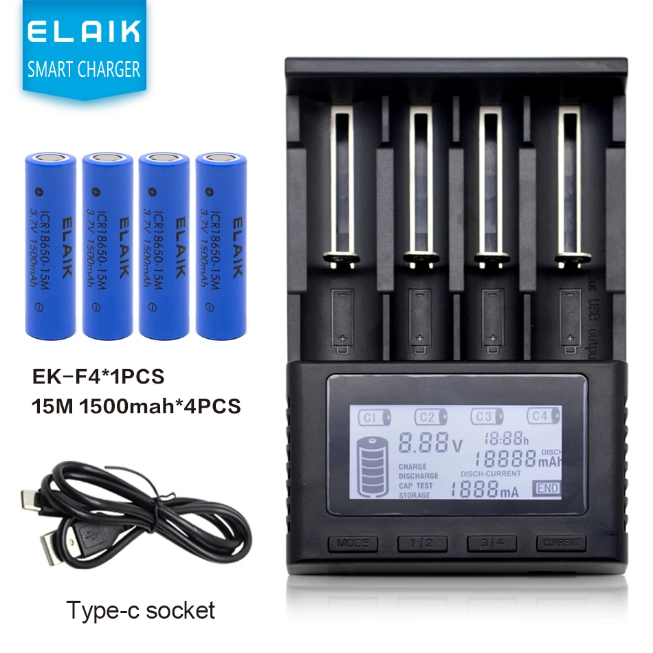 ICR18650-15M 1500mah lithium battery 3.7V strong light flashlight rechargeable battery,With 4 slots charger