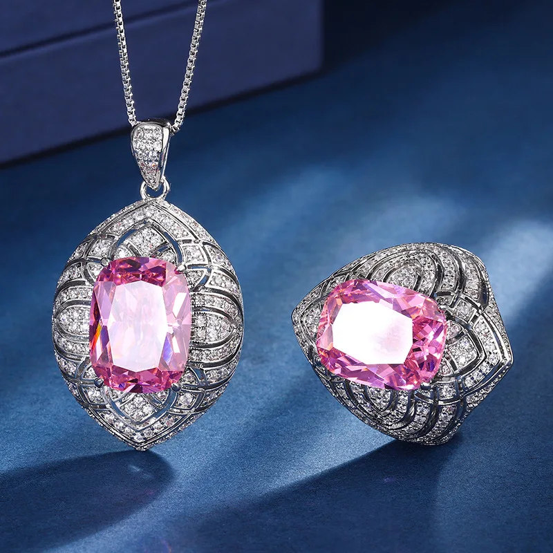Jewelry set with gold-plated copper base, pink diamond, oblong shape, light luxury, heavy craftsmanship, includes pendant and ri