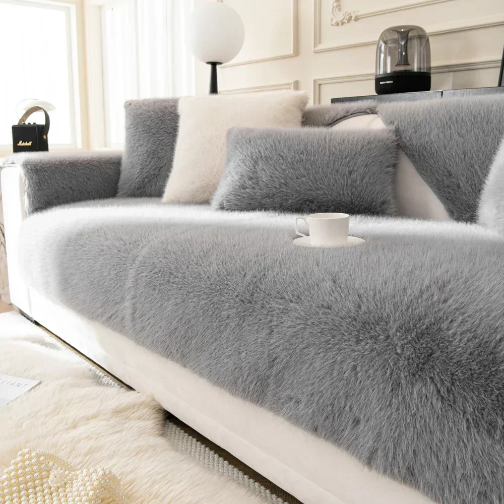 Rabbit Velvet Sofa Cover Three-Dimensional Thickened Warm Living Room Sofa Cushion Non-Slip Massage Plush Sofa Back Cushion