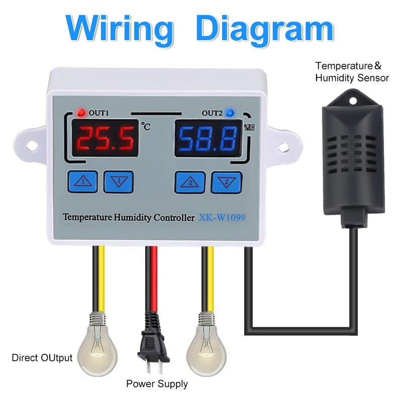 Imagem -02 - Digital Led Temperatura Umidade Controlador 12v 24 110v 220 Termômetro Higrômetro Medidor Sensor Termostato Incubadora de Ovos W1099